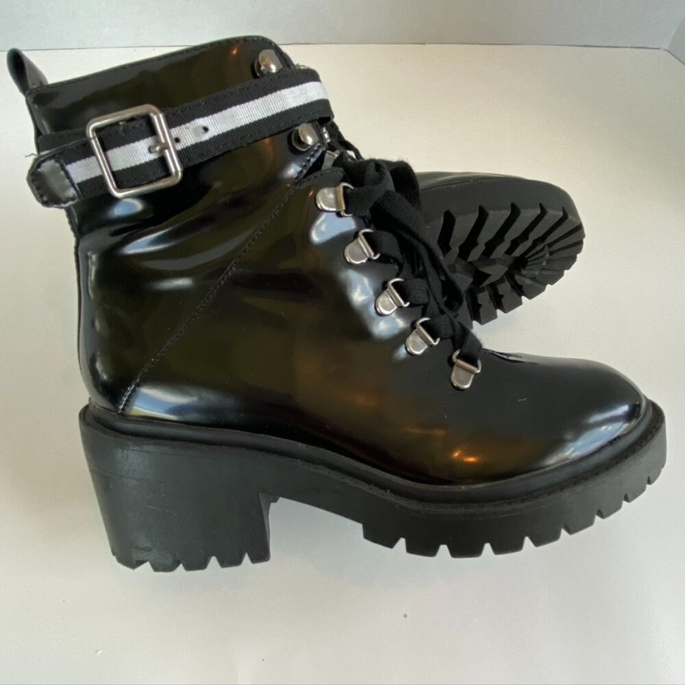 Black Patent Leather Combat Biker Boots Sz 7.5